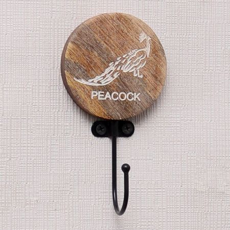 Brown Wooden Peacock Pattern Wall Mounted Hooks